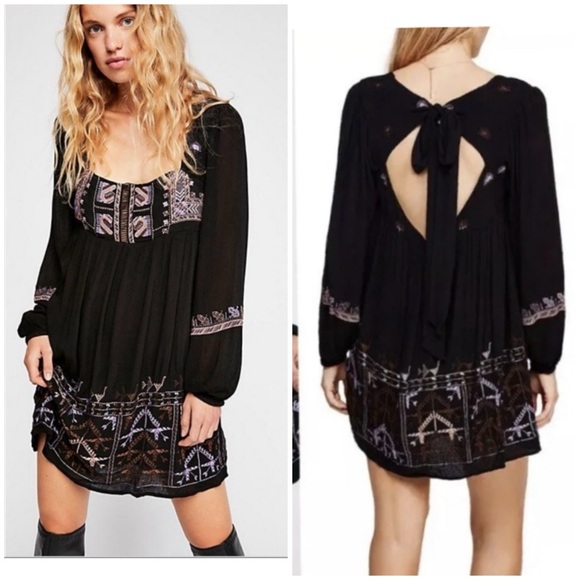 Free People Dresses & Skirts - Free people Black Bohemian Dress with embroidery and tie back